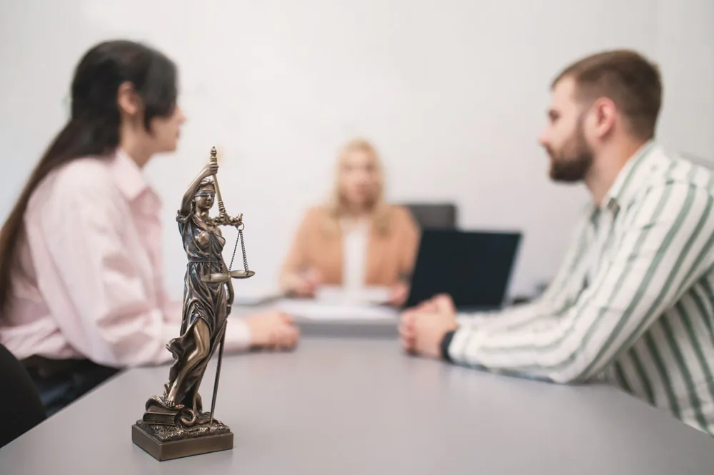 Two clients meeting with a family law attorney during a legal consultation with a Lady Justice statue in the foreground.
